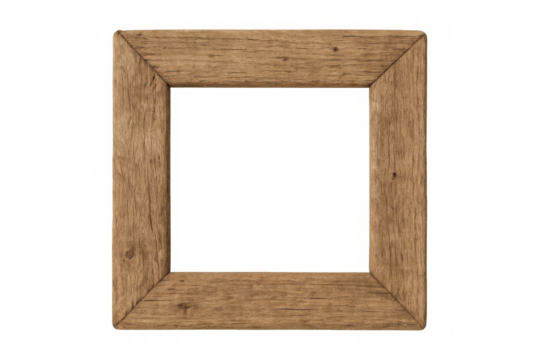 Rustic wood picture frame standing empty. Transparent background allows easy placement of various content