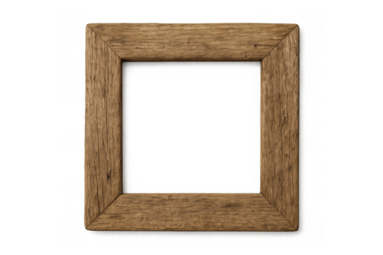 Empty rustic wooden brown picture frame isolated on transparent background, displaying a border for your visual content