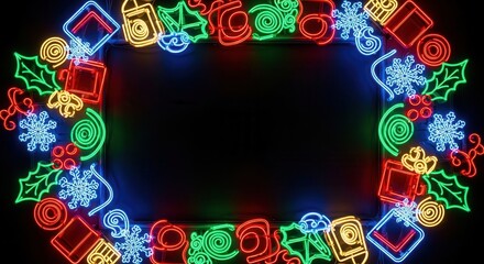 Obraz premium Bright neon Christmas border with festive icons.