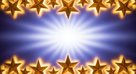 Shining stars with glowing golden frames on a radiant blue background.