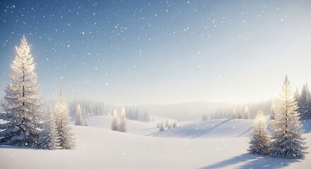 Serene winter landscape with snow-covered pines.