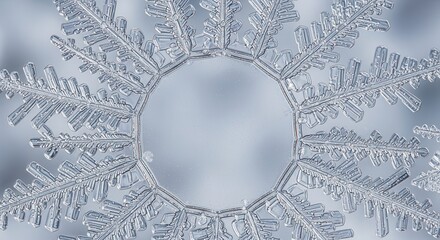 Detailed close-up of a symmetrical snowflake.