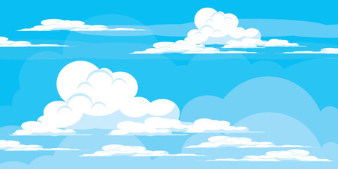 Illustration of a blue sky with white clouds in a flat style. Blue sky background and white clouds. Cartoon sky
