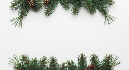 Festive pine branches with cones on a white background.