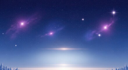 Star-filled night sky with vibrant nebulae over a horizon.