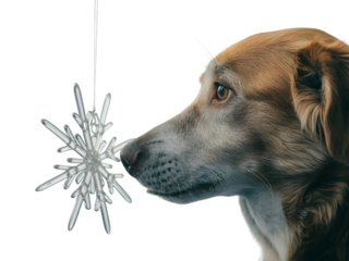 A curious dog gently sniffs a sparkling white snowflake ornament against a dark background, embodying winter charm and festive holiday spirit. Ideal for Christmas, pet, or seasonal content.