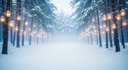Enchanted winter forest illuminated by glowing lanterns.