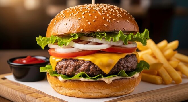 Burger Paradise: A culinary masterpiece unfolds, a mouthwatering burger is piled high with fresh ingredients, alongside a serving of golden fries and a vibrant red sauce.