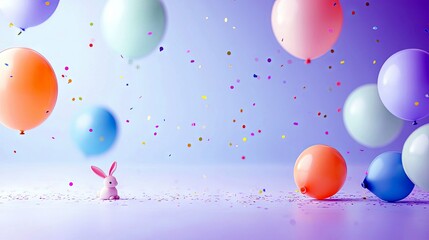 Fototapeta premium A small pink bunny is the focal point on a light purple surface, with colorful balloons and confetti scattered around, creating a festive and whimsical scene.