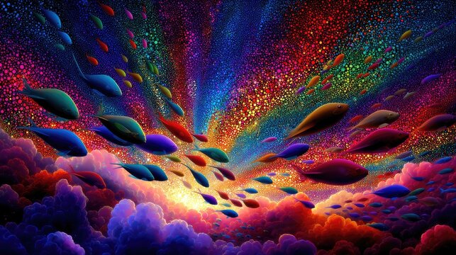 A school of fish in various colors swims through a vibrant, abstract background resembling a starry sky and clouds.