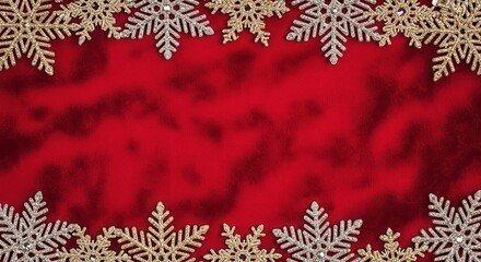 Glittering snowflakes on a festive red background.