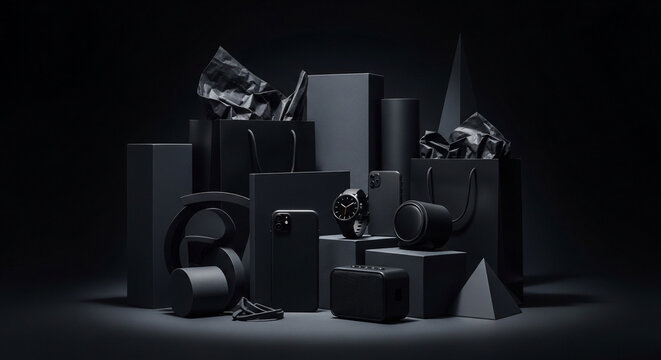 Elegant assortment of black technology gadgets and premium gift items, artfully arranged on a dark background for a sophisticated and modern presentation