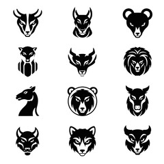 Obraz premium Collection of Twelve Stylized Animal Head Icons in Black and White.