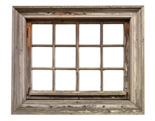 Old rustic wood window frame from house, weathered and antique. An isolated element evoking lonely and nostalgic feeling from past