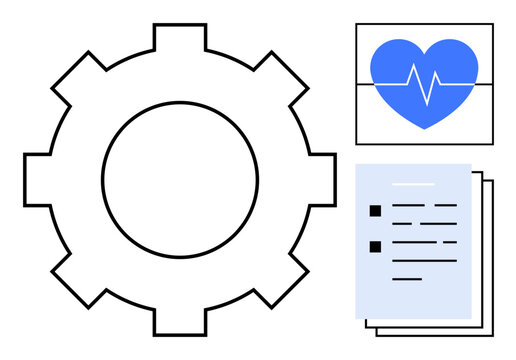 Gear representing processes, a heartbeat for health monitoring, and papers for documentation. Ideal for healthcare technology, system optimization, automation, medical workflow, efficiency