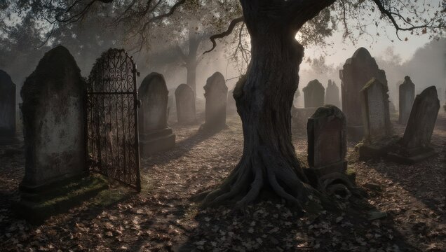Eerie Graveyard Scene with Fog and Tombstones.