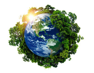Hopeful ecology concept shows green planet earth with lush tree growth. world environment with focus on future sustainability