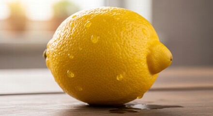 Zesty Lemon Close-up: A single, vibrant lemon, glistening with droplets, rests on a rustic surface. Capturing freshness and the essence of citrus