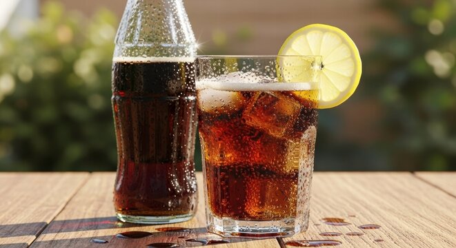 A refreshing Lemon-kissed Beverage: A glass of cold cola adorned with a lemon slice and ice cubes next to bottle, promising a delightful summer refreshment.