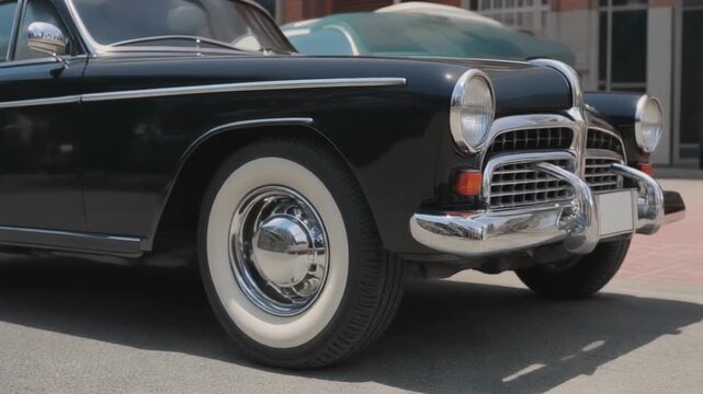 Elegant black classic car with whitewall tires.