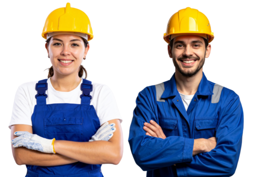 Happy professional worker, an engineer woman and man team in blue uniform and yellow helmet. Confident smiling portrait with arms crossed