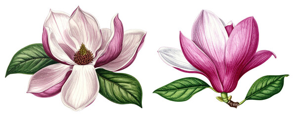 Elegant pink magnolia flower botanical illustration set. Vintage graceful floral design, beautiful plant isolated for nature decoration
