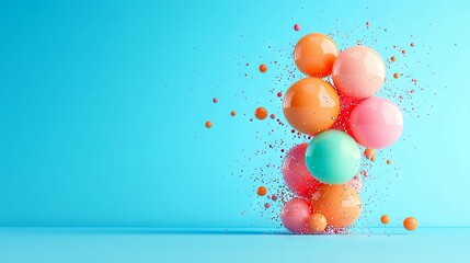 A dynamic composition of brightly colored spheres and small particles scattered against a solid blue backdrop.