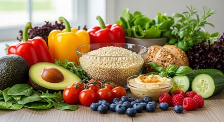 Vibrant Healthy Feast: A colorful array of fresh, wholesome ingredients bursts with health, featuring organic vegetables, fruits, and grains, inviting viewers to embrace a nutritious lifestyle