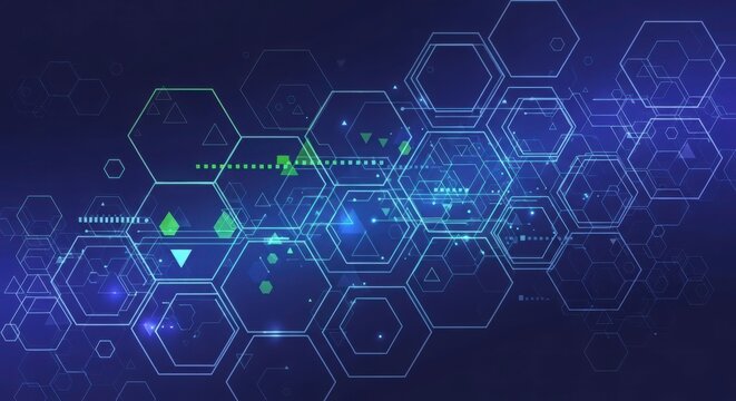 Hexagon Data Network: An abstract graphic of interconnected hexagons, representing the complex web of data and information in the digital age.