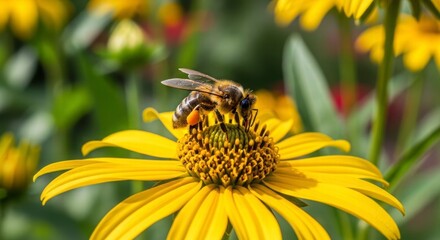 Bee on a Yellow Flower: A captivating close-up captures a honeybee delicately collecting nectar and pollen from a vibrant yellow flower in a sun-drenched garden.