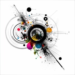 Obraz premium A dynamic abstract composition featuring concentric circles, radiating lines, and scattered colorful dots against a clean white backdrop.