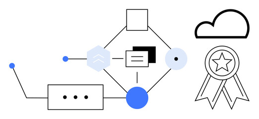 Flowchart links various activities including files, connectors, and decisions, with cloud icon and star award badge. Ideal for strategy, workflow, technology, innovation, productivity success