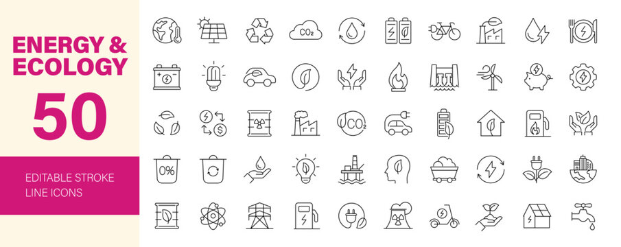 Energy and Ecology icon set. Editable line icons. Vector illustration.