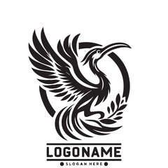 Obraz premium A black and white logo featuring a stylized phoenix bird with outstretched wings and a curved beak, partially contained within a circle outline, with a leafy branch below.