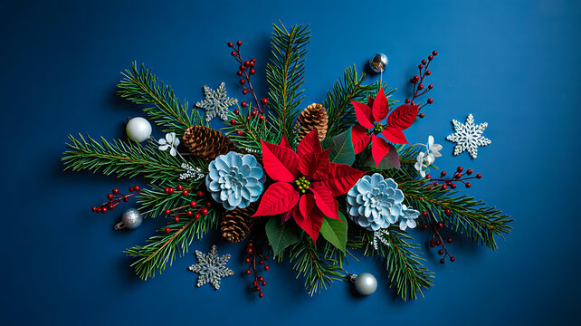 Holiday floral arrangement with red poinsettias, pine branches, silver ornaments, and snowflakes on blue background - Powered by Adobe