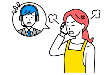 カスタマーサポートに電話で怒るエプロン姿の女性