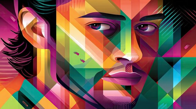 A vibrant, abstract portrait of a man's face rendered in a geometric style with a bold color palette.