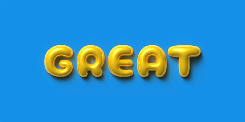 Inflatable Bubble Text Effect saying "Great", Yellow Glossy Font on Blue Background