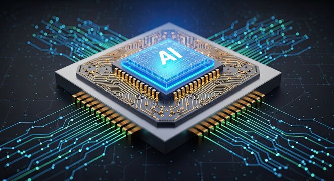 Perspective view of 3D AI logic processor icon with circuit connections