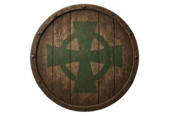 Round wooden shield displaying a green celtic cross, ancient warrior defense, historical weapon, medieval protection on transparent background