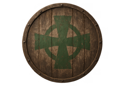 Round wooden shield displaying a green celtic cross, ancient warrior defense, historical weapon, medieval protection on transparent background