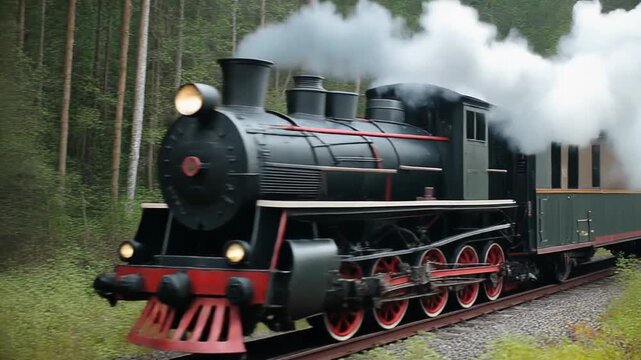 Vintage steam locomotive chugging through a dense green forest.