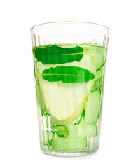 Glass of infused water with sliced cucumber on white background