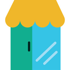 Storefront illustration with turquoise walls yellow awning and glass door depicting a shop entrance with a dark door handle and reflections on the glass windows symbolizing retail business