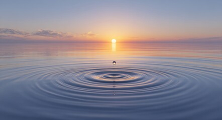 Serene sunset over calm water with perfect reflection and single water drop creating ripples for meditative designs