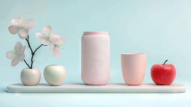 A minimalist arrangement of decorative objects including pink flowers in a vase, two round vases, a pink cup, and a red apple, set against a soft blue backdrop.
