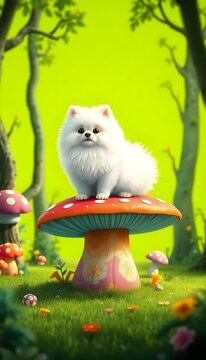 A white dog sits on a vibrant red mushroom in an enchanting forest.