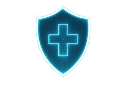 Digital shield protecting health, medical cross symbol on technology interface, healthcare security concept
