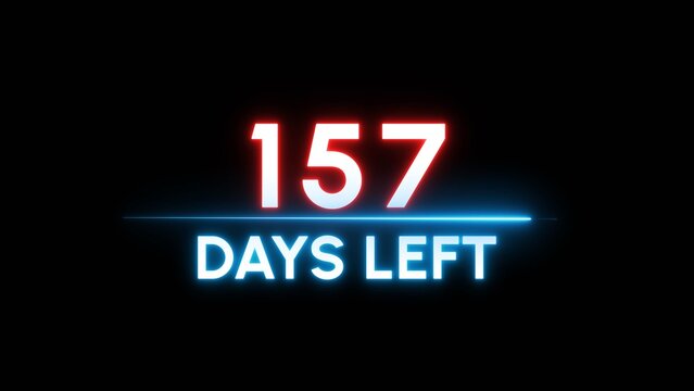157- Days left countdown number. Neon timer clock illustration.  Neon counter days.
