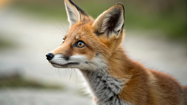 Curious red fox kit with amber eyes looking camera soft natural light, shallow depth of field evoking gentle wonder. red fox portrait with alert